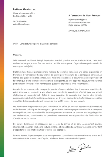 Une lettre de motivation d'un agent de comptoir