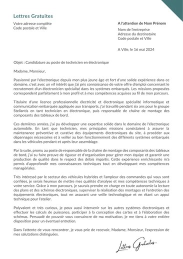 Une lettre de motivation d'un électronicien