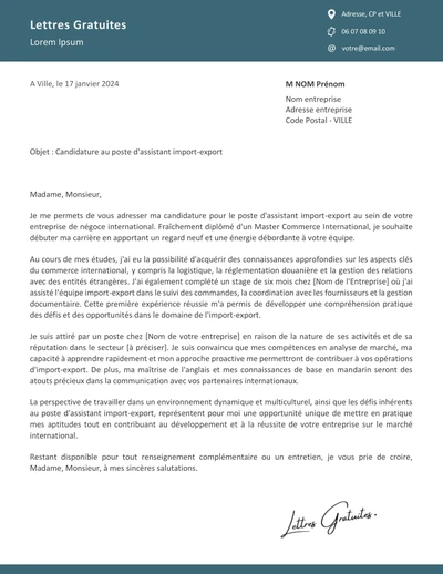 Une lettre de motivation d'un assistant Import Export