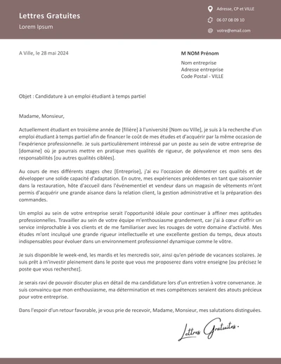 Une lettre de motivation d'un job étudiant