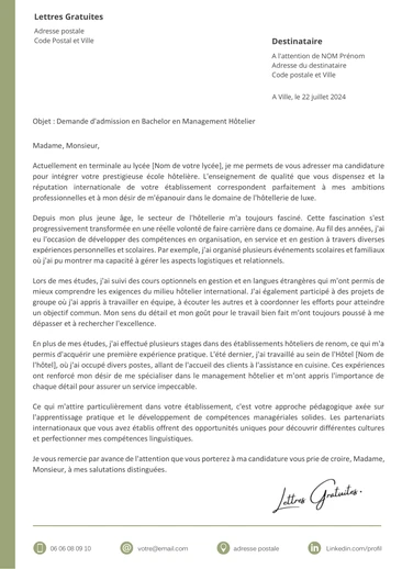 Une lettre de motivation pour une école hôtelière