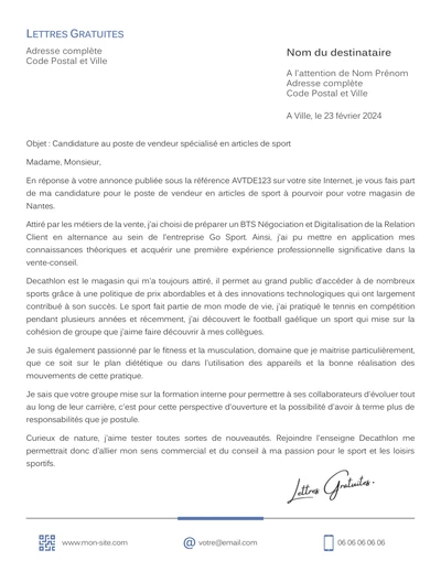 Une lettre de motivation d'un vendeur en magasin de sport