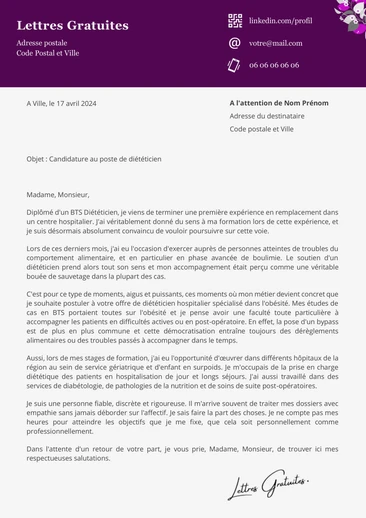 Une lettre de motivation d'une diététicienne