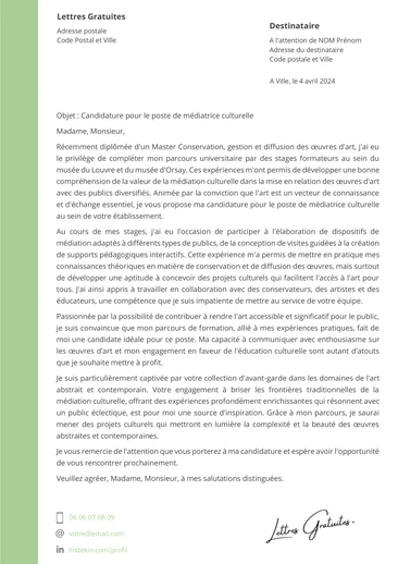 Une lettre de motivation d'un médiateur culturel