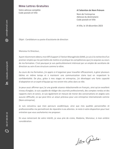 Une lettre de motivation d'une secrétaire de direction