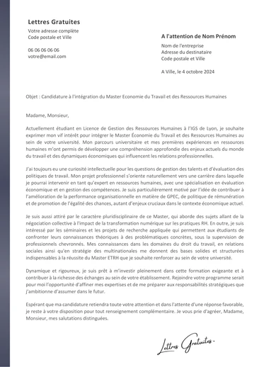 Une lettre de motivation pour un Master Economie du Travail et des Ressources Hu