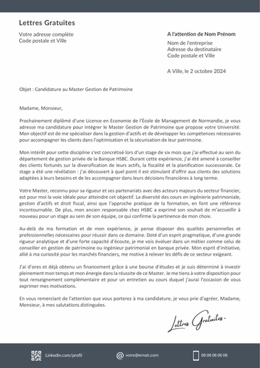 Une lettre de motivation pour un Master Gestion de Patrimoine