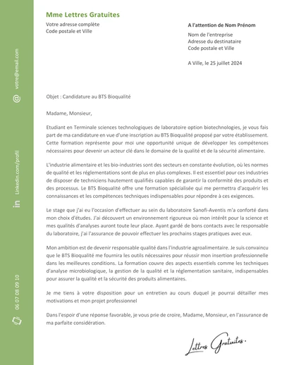 Une lettre de motivation pour le BTS Bioqualité