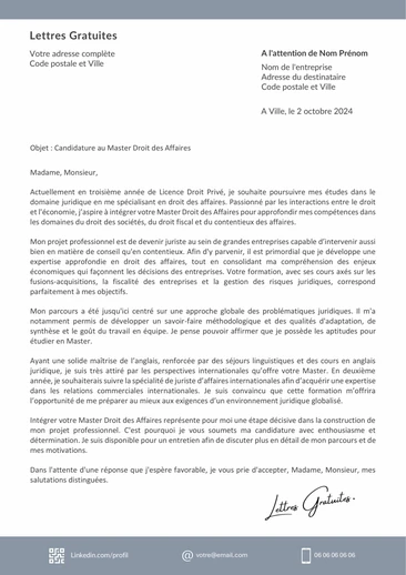 Une lettre de motivation pour un Master Droit des Affaires