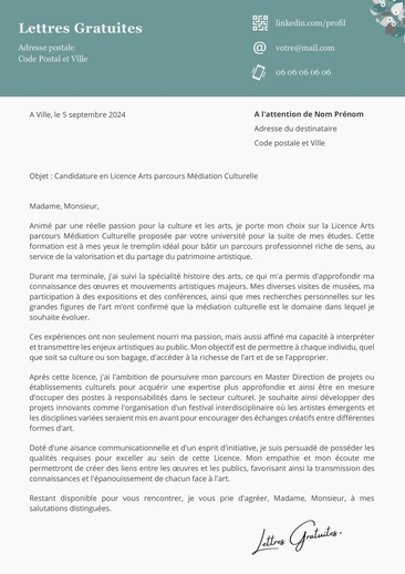 Une lettre de motivation pour la Licence Arts