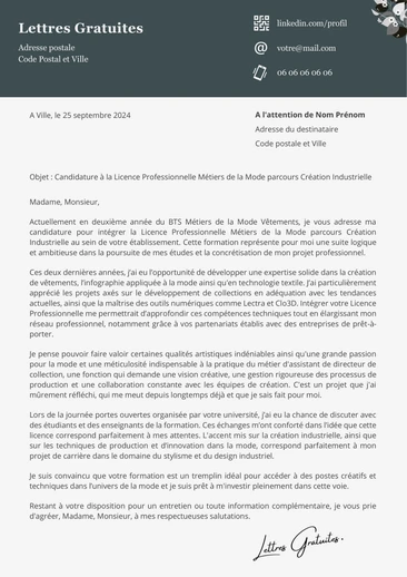 Une lettre de motivation pour la Licence Pro Métiers de la Mode