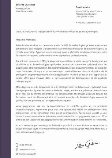 Une lettre de motivation pour la Licence Pro Bio-Industries et Biotechnologies