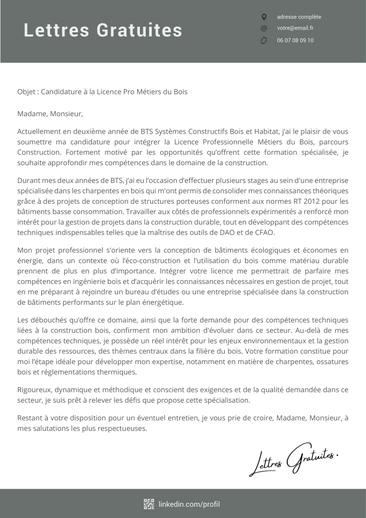 Une lettre de motivation pour la Licence Pro Métiers du Bois