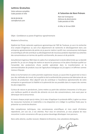 Une lettre de motivation d'un ingénieur agroalimentaire