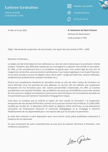 Une lettre de demande d'interruption de formation à l'IFSI