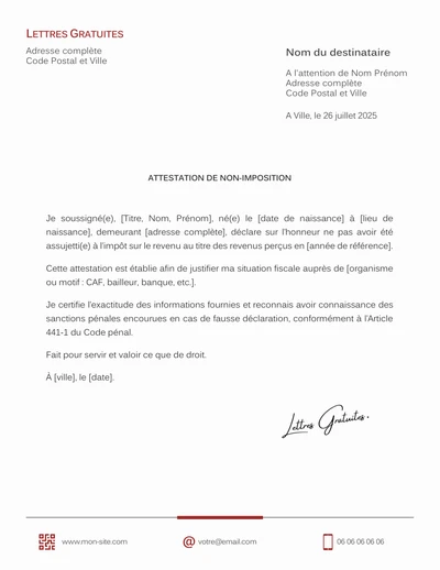 Une attestation sur l'honneur de non-imposition