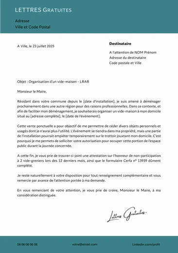 Une lettre de demande d'autorisation pour un vide-maison