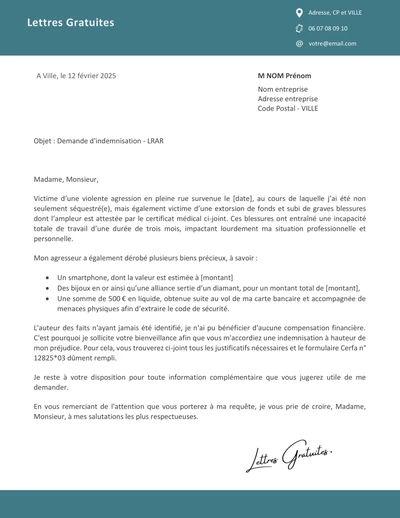 Une lettre de demande d'indemnisation à la CIVI