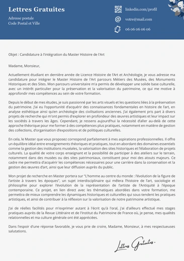 Une lettre de motivation pour un Master Histoire de l'Art