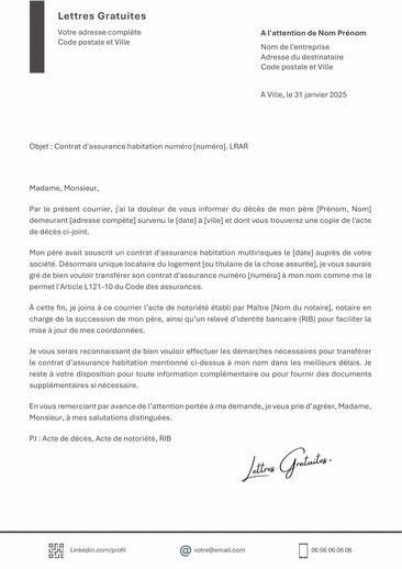 Une lettre de demande de transfert d'un contrat d'assurance