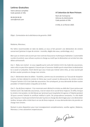 Une lettre de recours contre un refus d'indemnisation de l'assurance