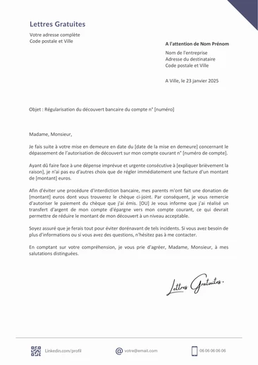 Une lettre pour expliquer et rembourser un découvert bancaire