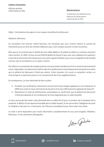 Une lettre de contestation des frais bancaires