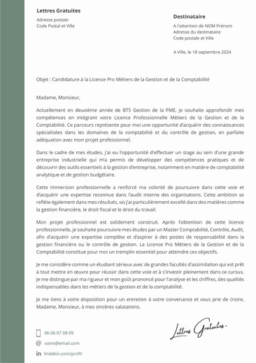 Une lettre de motivation pour la Licence Pro Métiers de la Gestion et de 