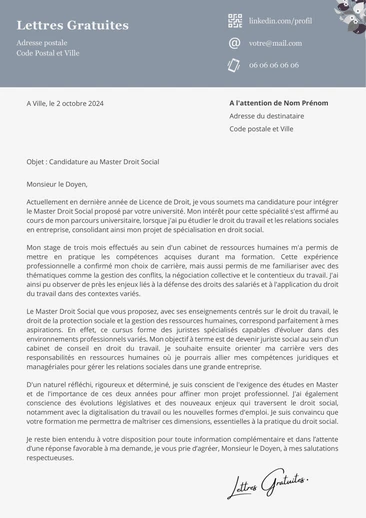 Une lettre de motivation pour un Master Droit Social