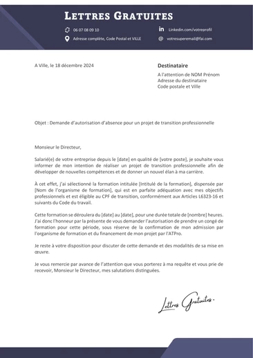 Une lettre de demande d'autorisation d'absence pour un PTP