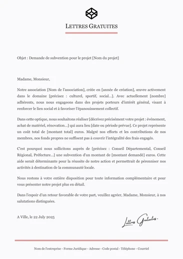 Une lettre de demande de subvention pour une association