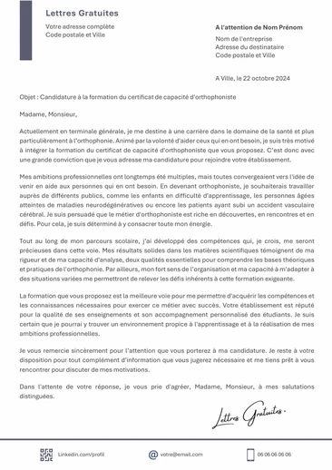 Une lettre de motivation pour une école d'orthophoniste (ParcourSup)