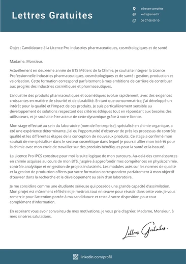 Une lettre de motivation pour la Licence Pro Industries Pharmaceutiques