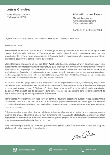 Une lettre de motivation pour la Licence Pro Métiers du Tourisme et des L