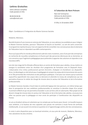 Une lettre de motivation pour un Master Sciences Sociales