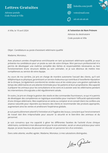 Une lettre de motivation d'un auxiliaire vétérinaire