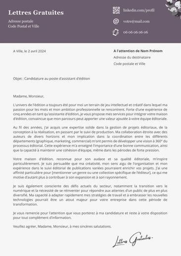 Une lettre de motivation d'un assistant en maison d'édition