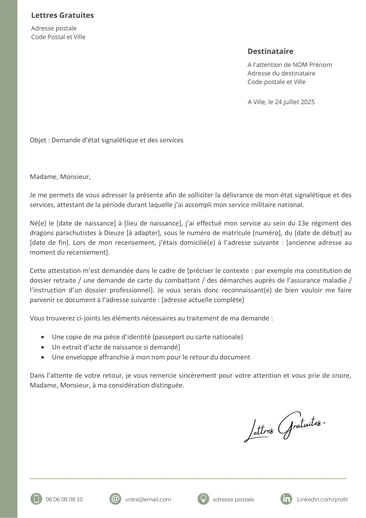 Une lettre de demande d'état signalétique et des services
