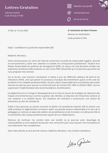 Une lettre de motivation d'un chargé HSE