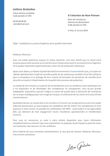 Une lettre de motivation d'un ingénieur qualité