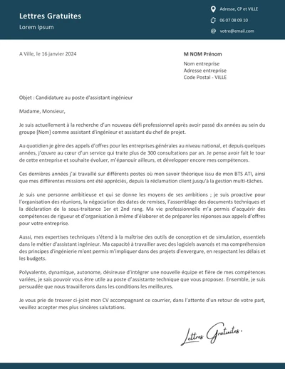 Une lettre de motivation d'un assistant ingénieur