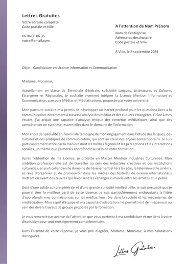 Une lettre de motivation pour la Licence Info Com