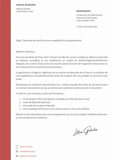 Une lettre de demande de certificat d'acquittement