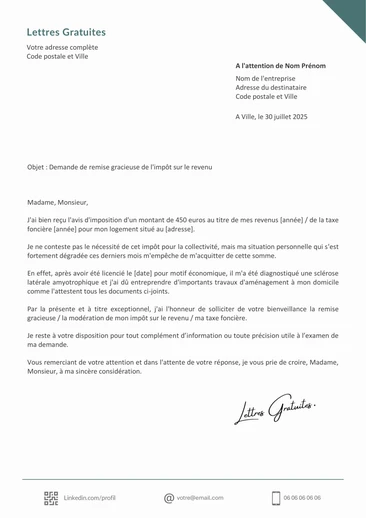 Une lettre de demande de remise gracieuse d'un impôt