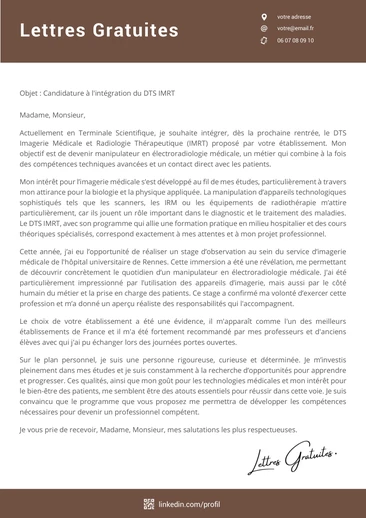 Une lettre de motivation pour le DTS IMRT ou le DEMEM