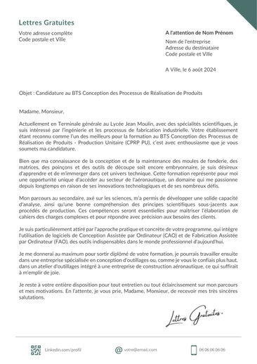 Une lettre de motivation pour le BTS CPRP option Production Unitaire