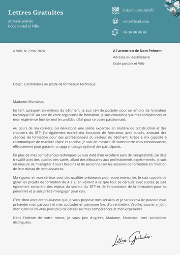 Une lettre de motivation d'un formateur en CFA ou AFPA