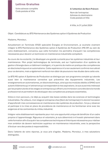 Une lettre de motivation pour le BTS Maintenance des Systèmes