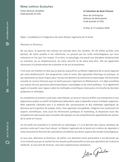 Une lettre de motivation pour un Master Ingénierie de la Santé