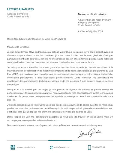 Une lettre de motivation pour le Bac Pro MSPC